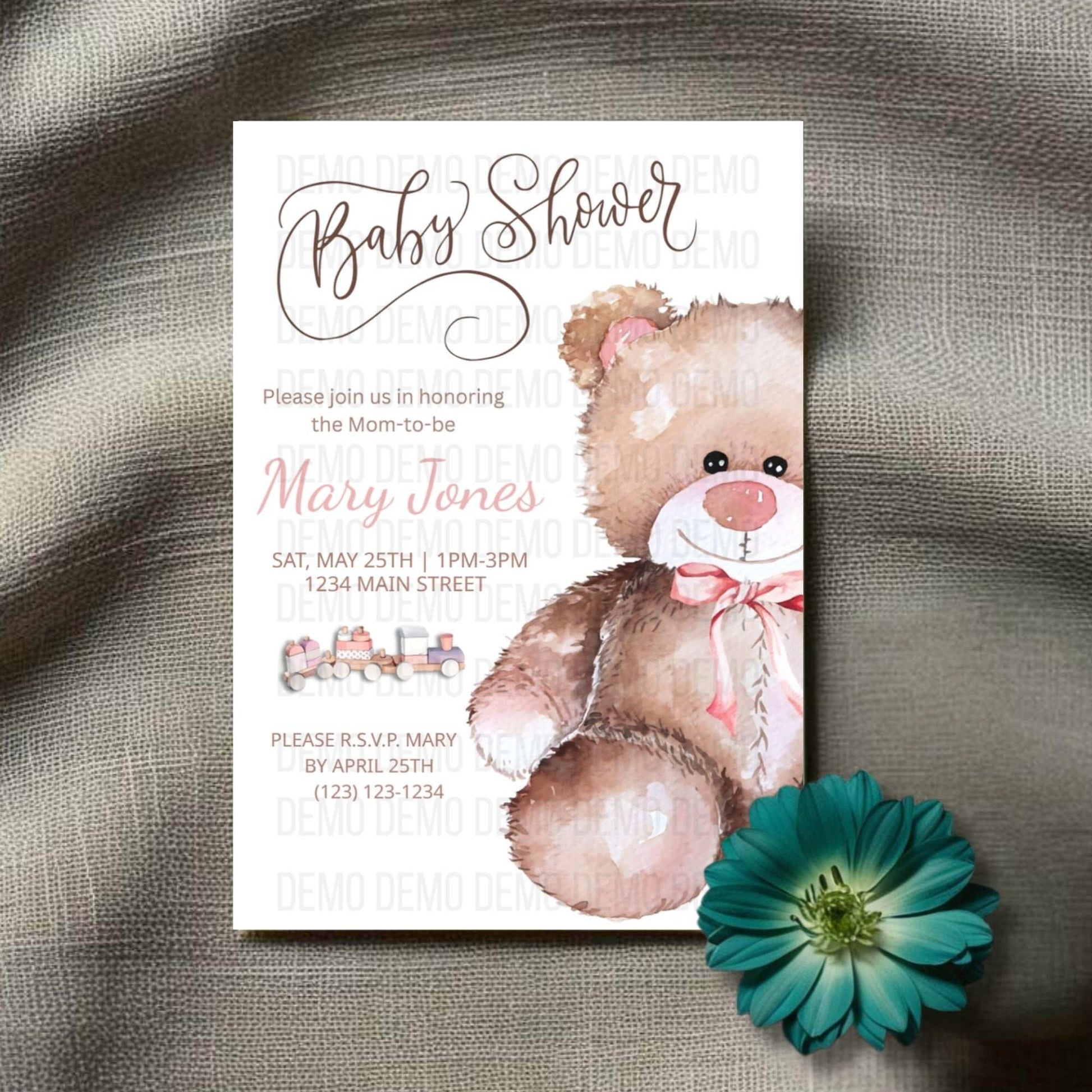Baby Shower Invitation with Cute Teddy Bear Illustration – Personalized Invite