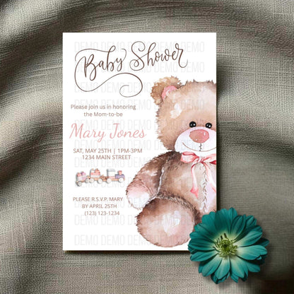 Baby Shower Invitation with Cute Teddy Bear Illustration – Personalized Invite