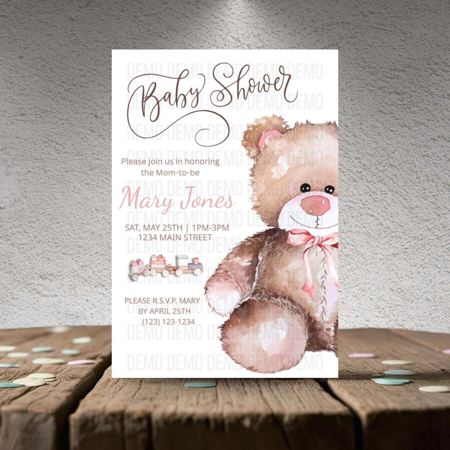 Baby Shower Invitation with Cute Teddy Bear Illustration – Personalized Invite