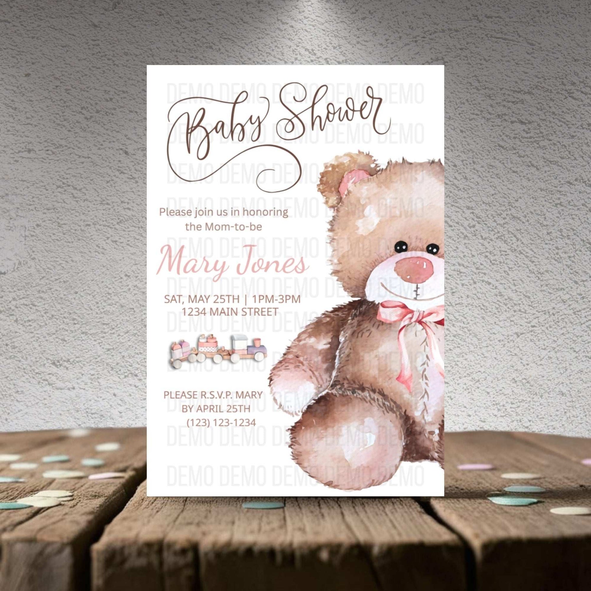 Baby Shower Invitation with Cute Teddy Bear Illustration – Personalized Invite