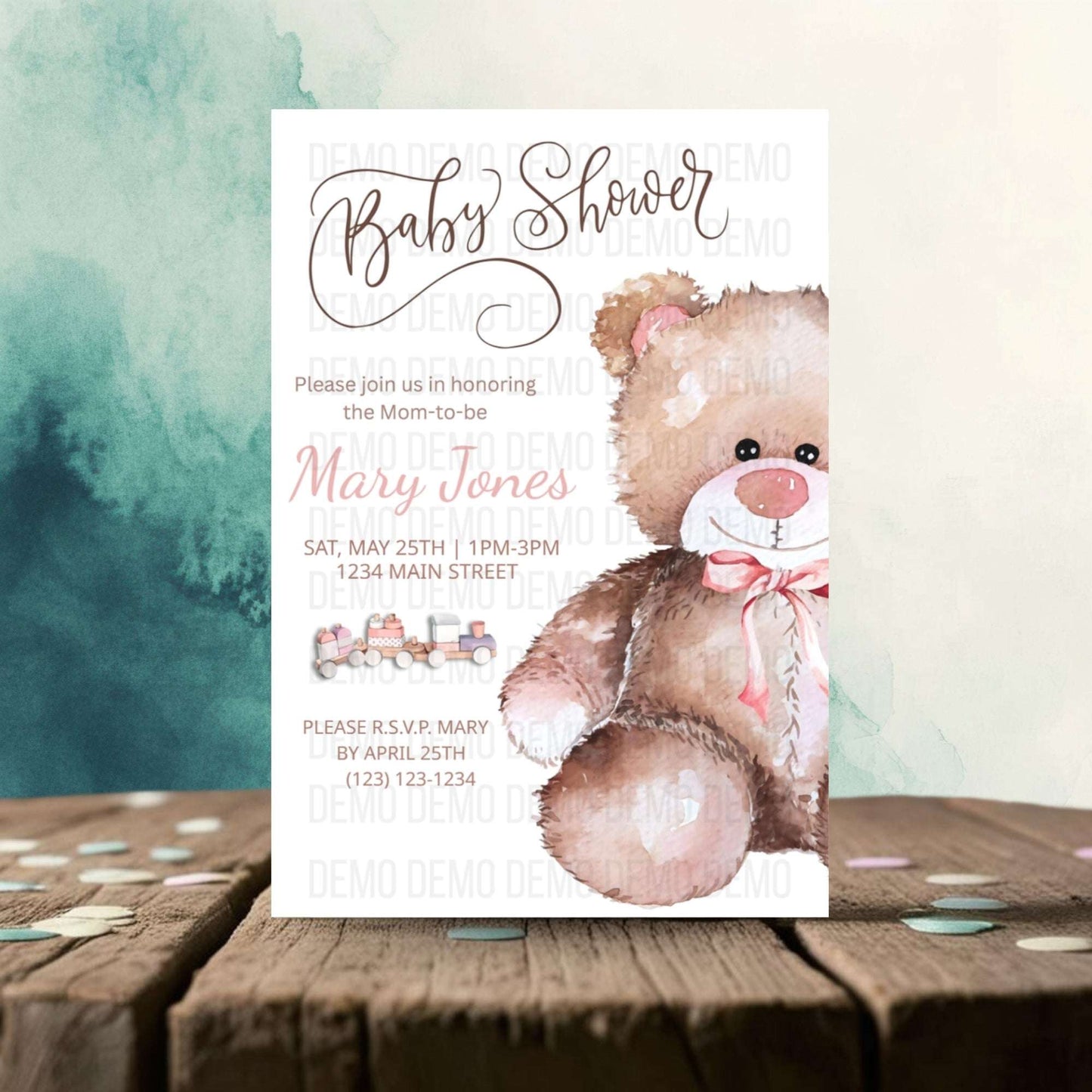 Baby Shower Invitation with Cute Teddy Bear Illustration – Personalized Invite