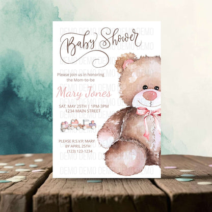 Baby Shower Invitation with Cute Teddy Bear Illustration – Personalized Invite