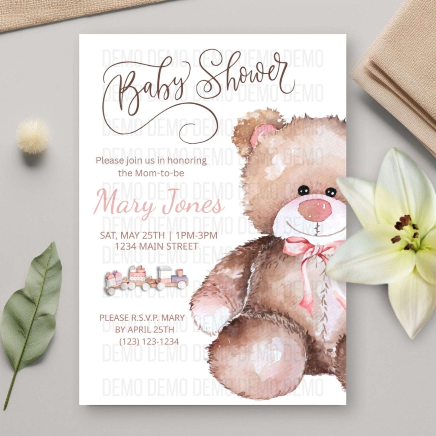Baby Shower Invitation with Cute Teddy Bear Illustration – Personalized Invite