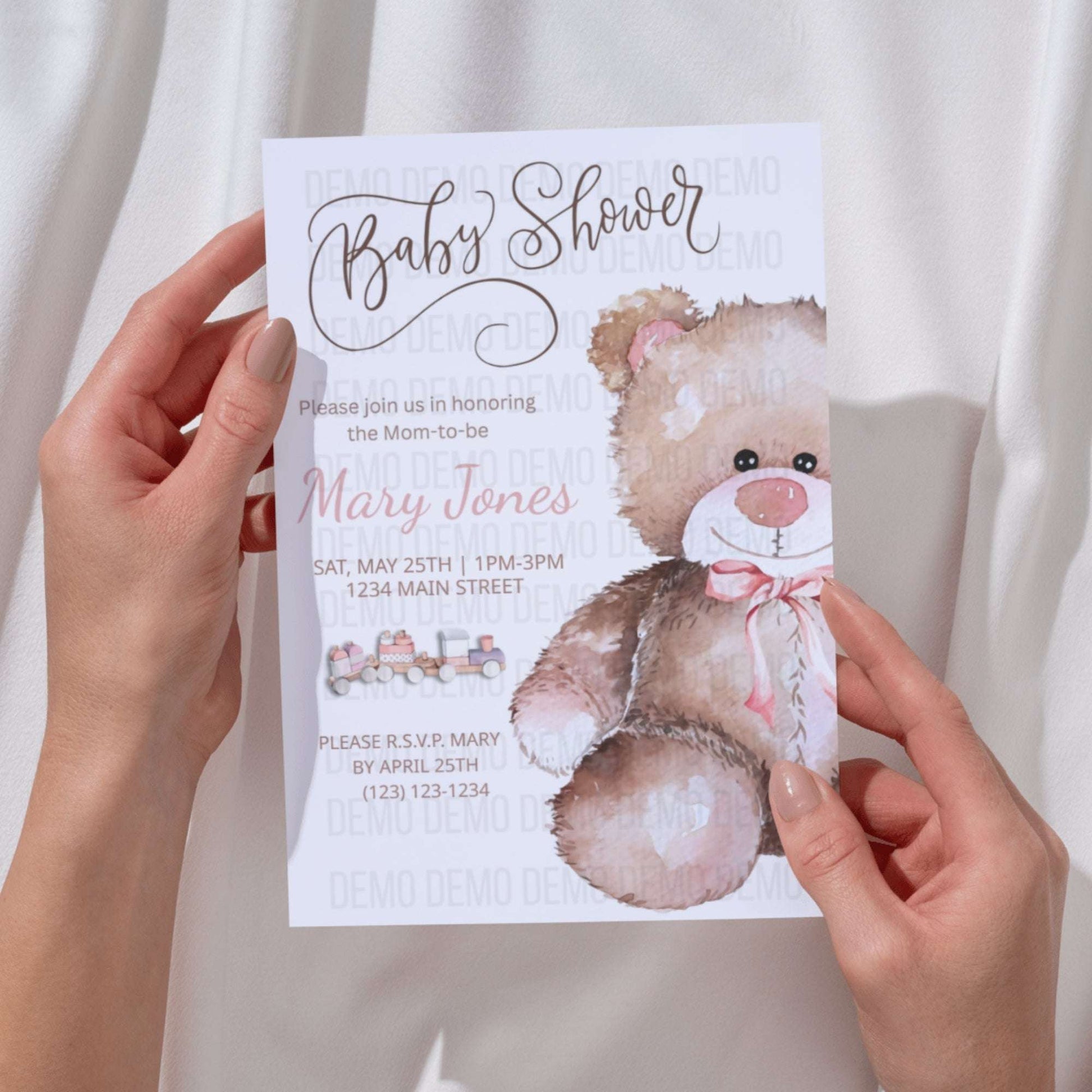 Baby Shower Invitation with Cute Teddy Bear Illustration – Personalized Invite