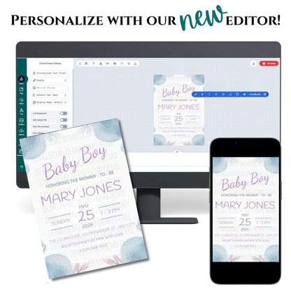 Baby shower invitation design on a computer screen, phone, and paper with text 'Personalize with our new editor'.