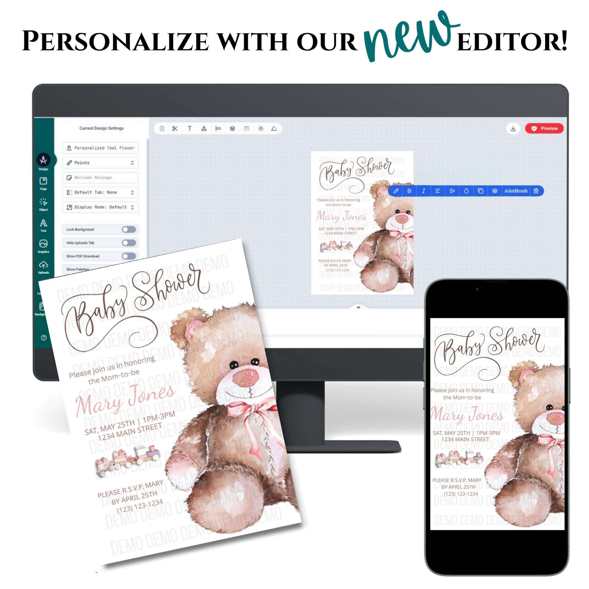 Baby Shower Invitation with Cute Teddy Bear Illustration – Personalized Invite