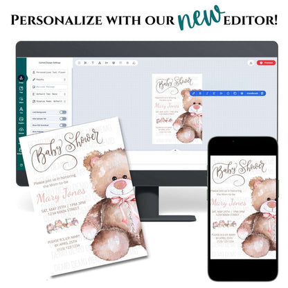 Baby Shower Invitation with Cute Teddy Bear Illustration – Personalized Invite