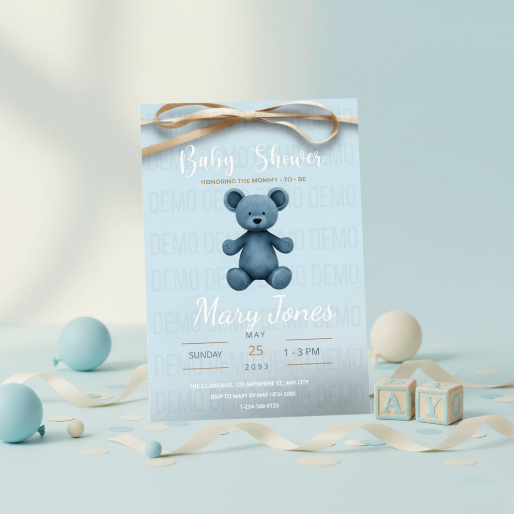 Baby shower invitation with a blue teddy bear on a light blue background, surrounded by decorative ribbons and blocks.