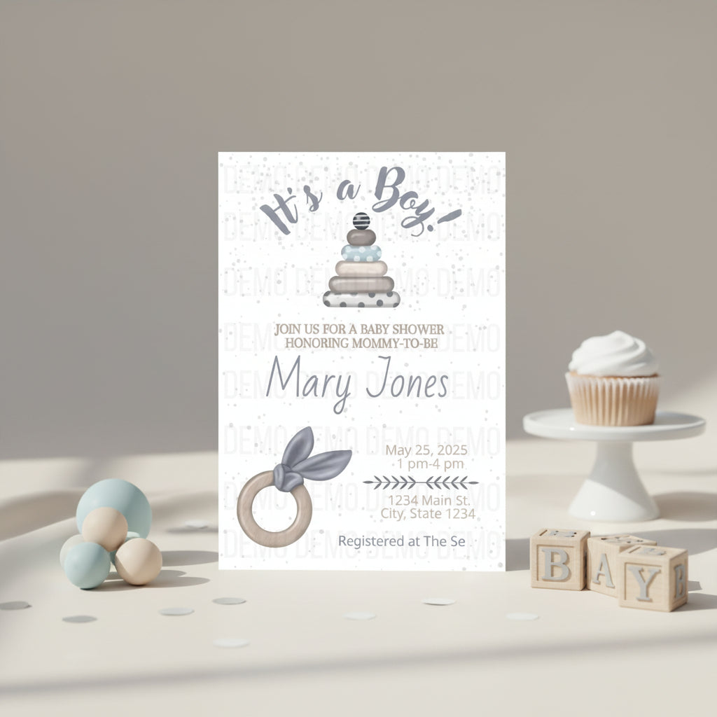 Baby shower invitation with toys and cupcake on a neutral background