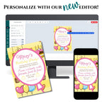 Birthday party invitation on a computer screen, phone, and paper with text 'Personalize with our new editor'.