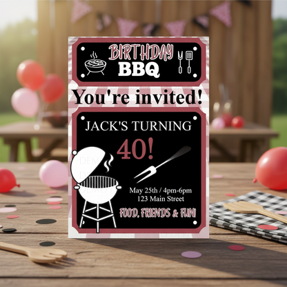 Birthday BBQ invitation card on a table with balloons and picnic setup