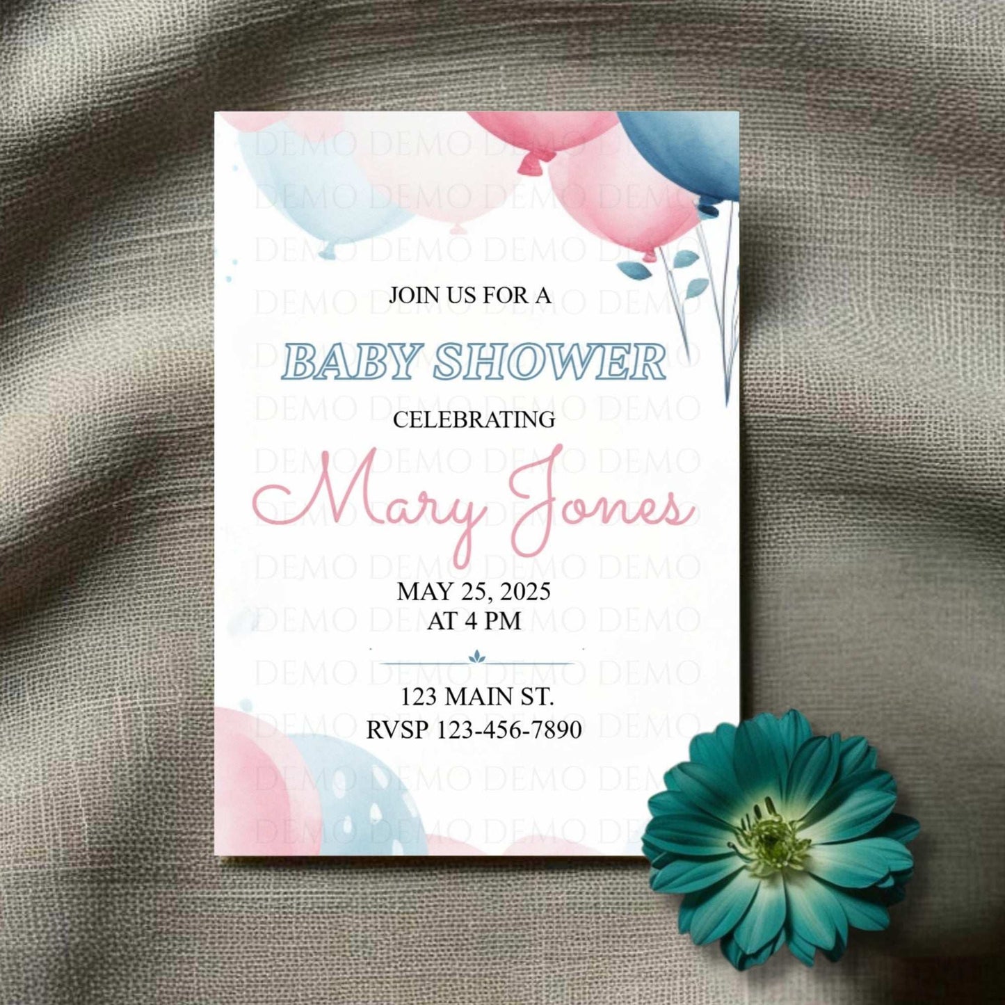 Blue and Pink Balloon Baby Shower Invitation