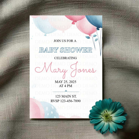 Blue and Pink Balloon Baby Shower Invitation
