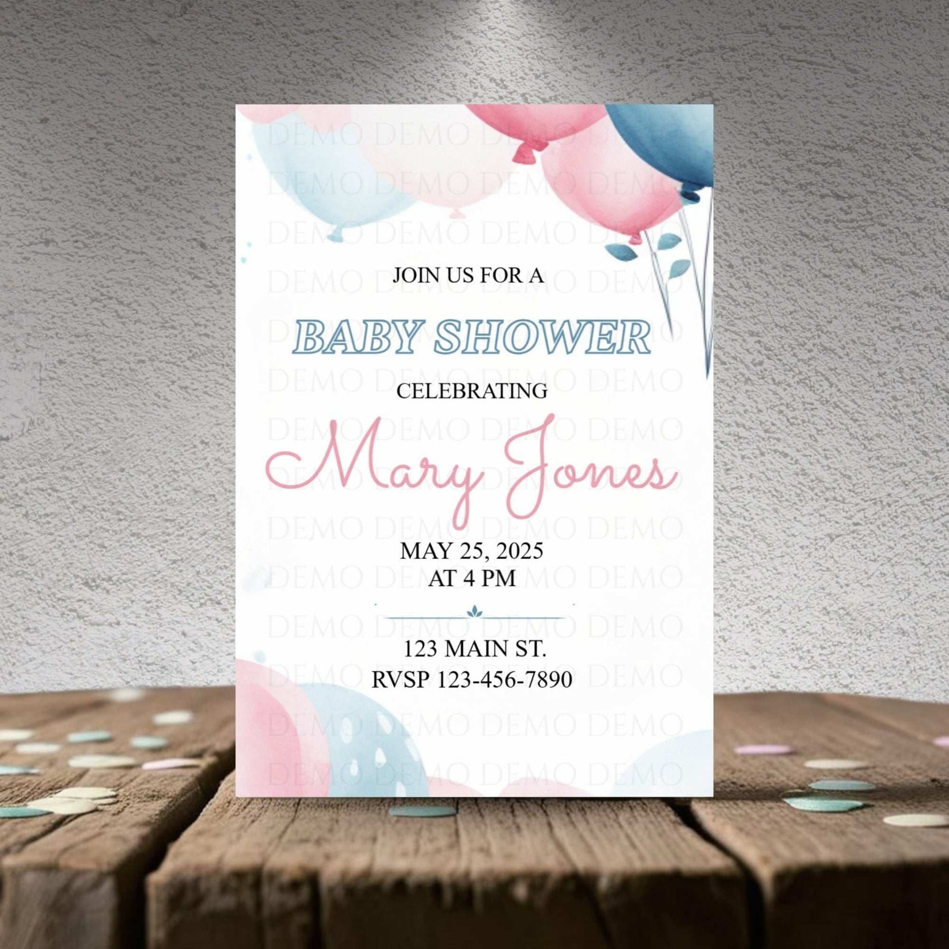 Blue and Pink Balloon Baby Shower Invitation