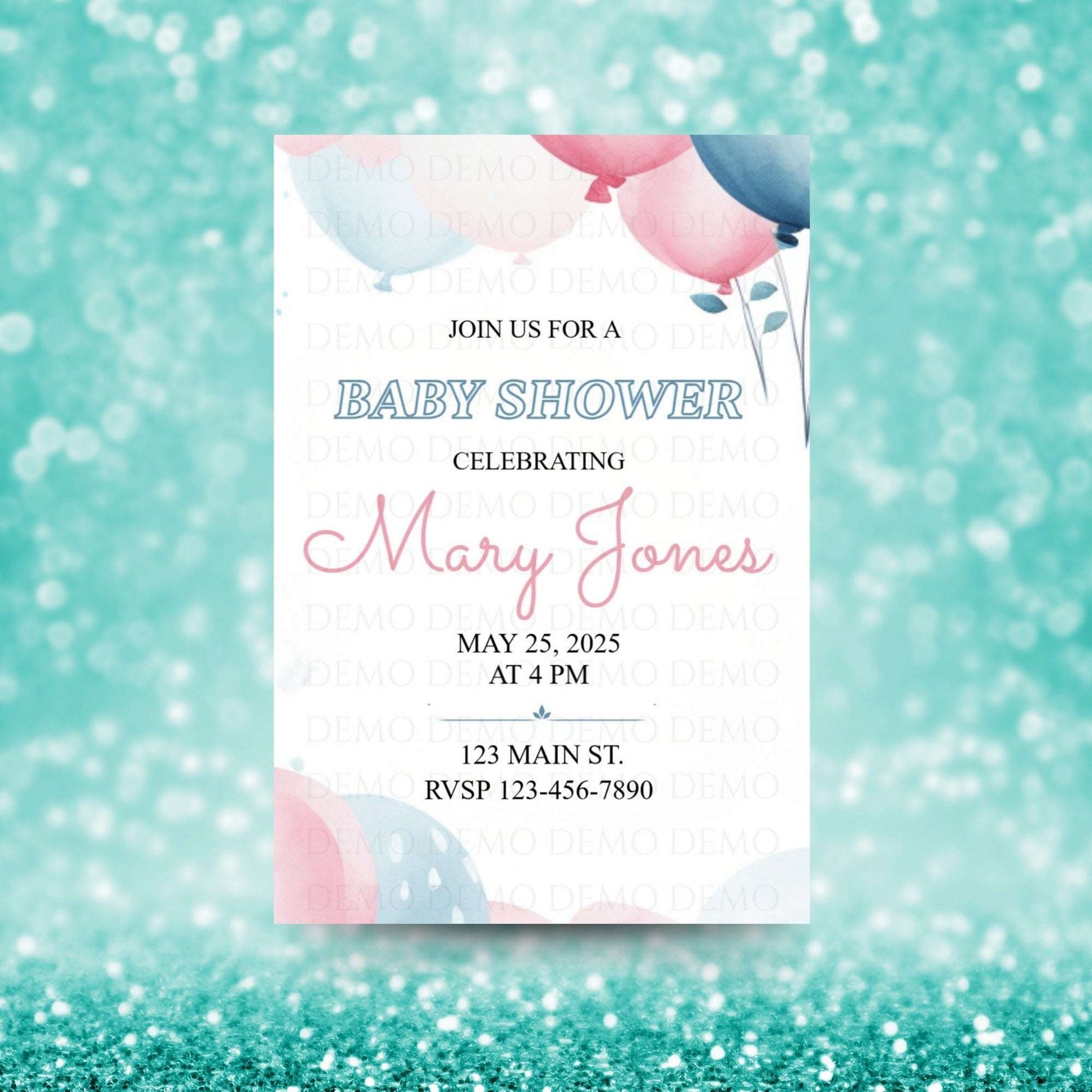 Blue and Pink Balloon Baby Shower Invitation