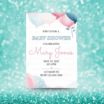 Blue and Pink Balloon Baby Shower Invitation