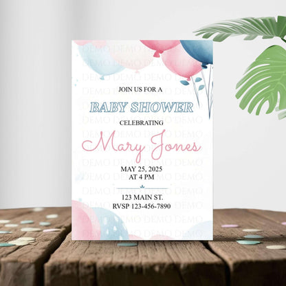 Blue and Pink Balloon Baby Shower Invitation