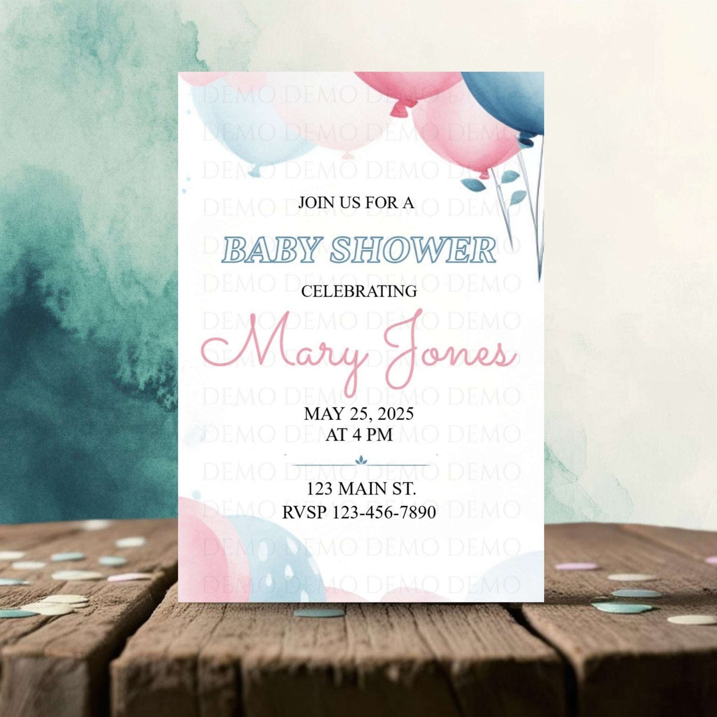 Blue and Pink Balloon Baby Shower Invitation