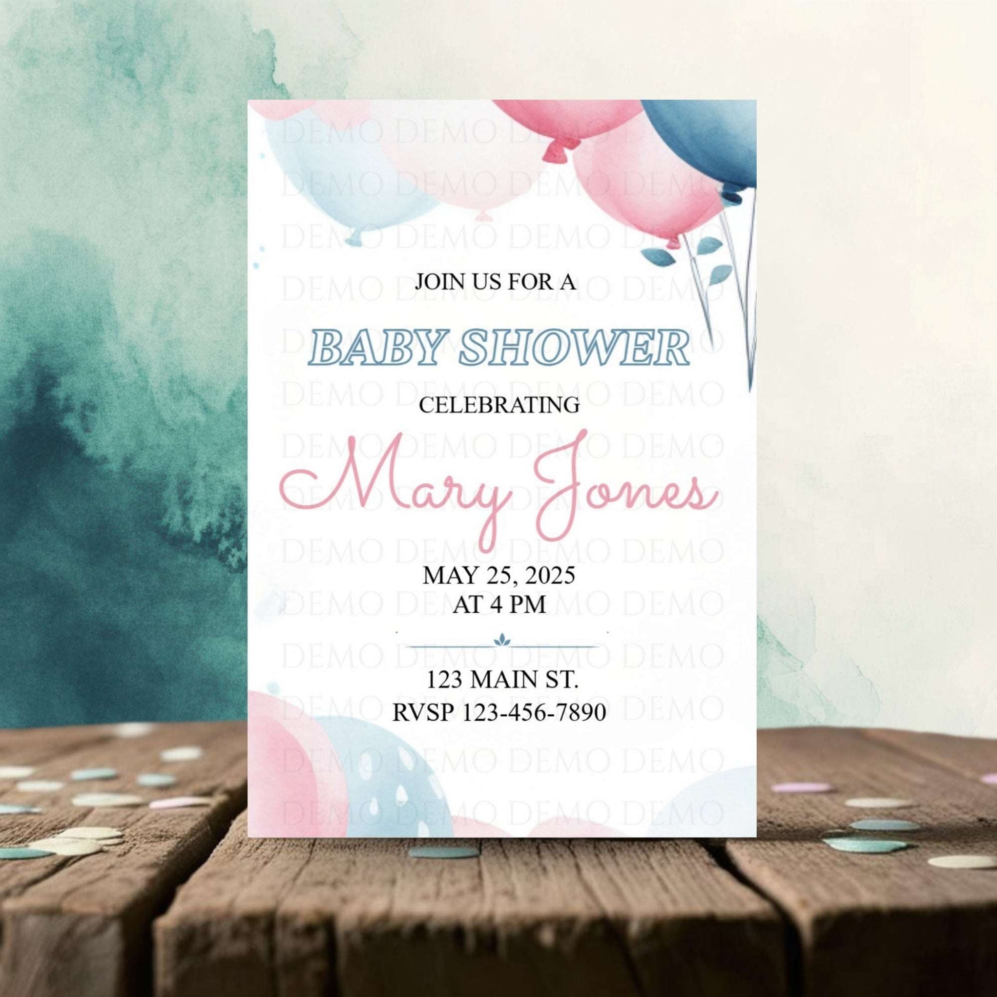 Blue and Pink Balloon Baby Shower Invitation