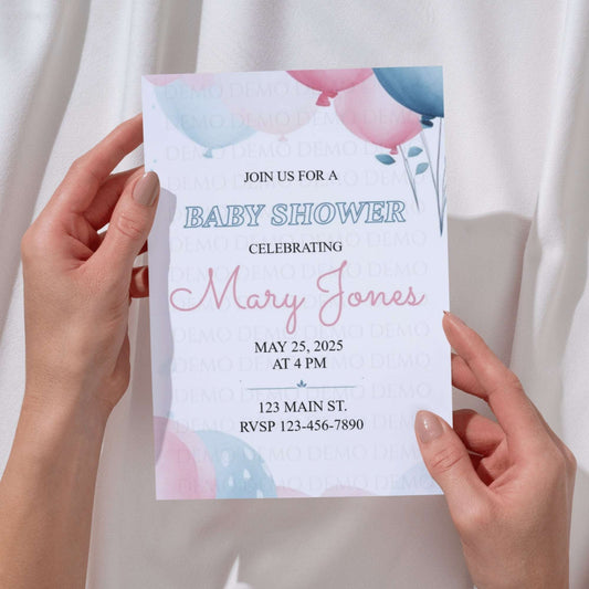 Blue and Pink Balloon Baby Shower Invitation