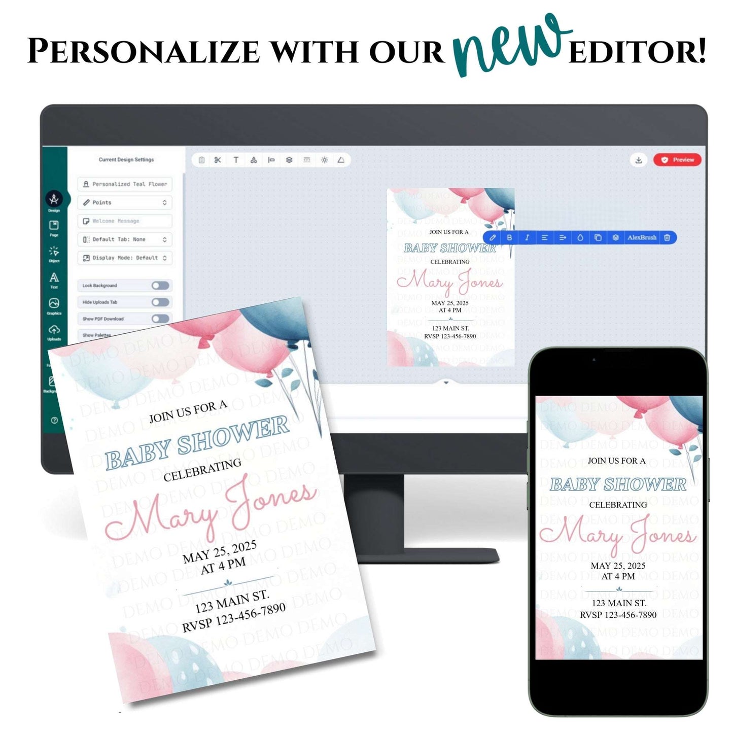 Blue and Pink Balloon Baby Shower Invitation