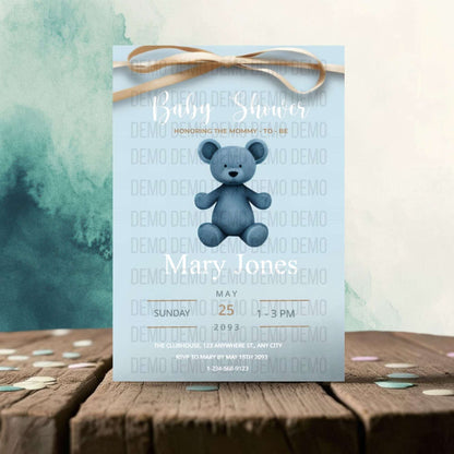 Blue Teddy Bear Baby Shower Invitation – Personalized Editable Template