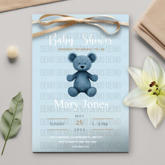Blue Teddy Bear Baby Shower Invitation – Personalized Editable Template