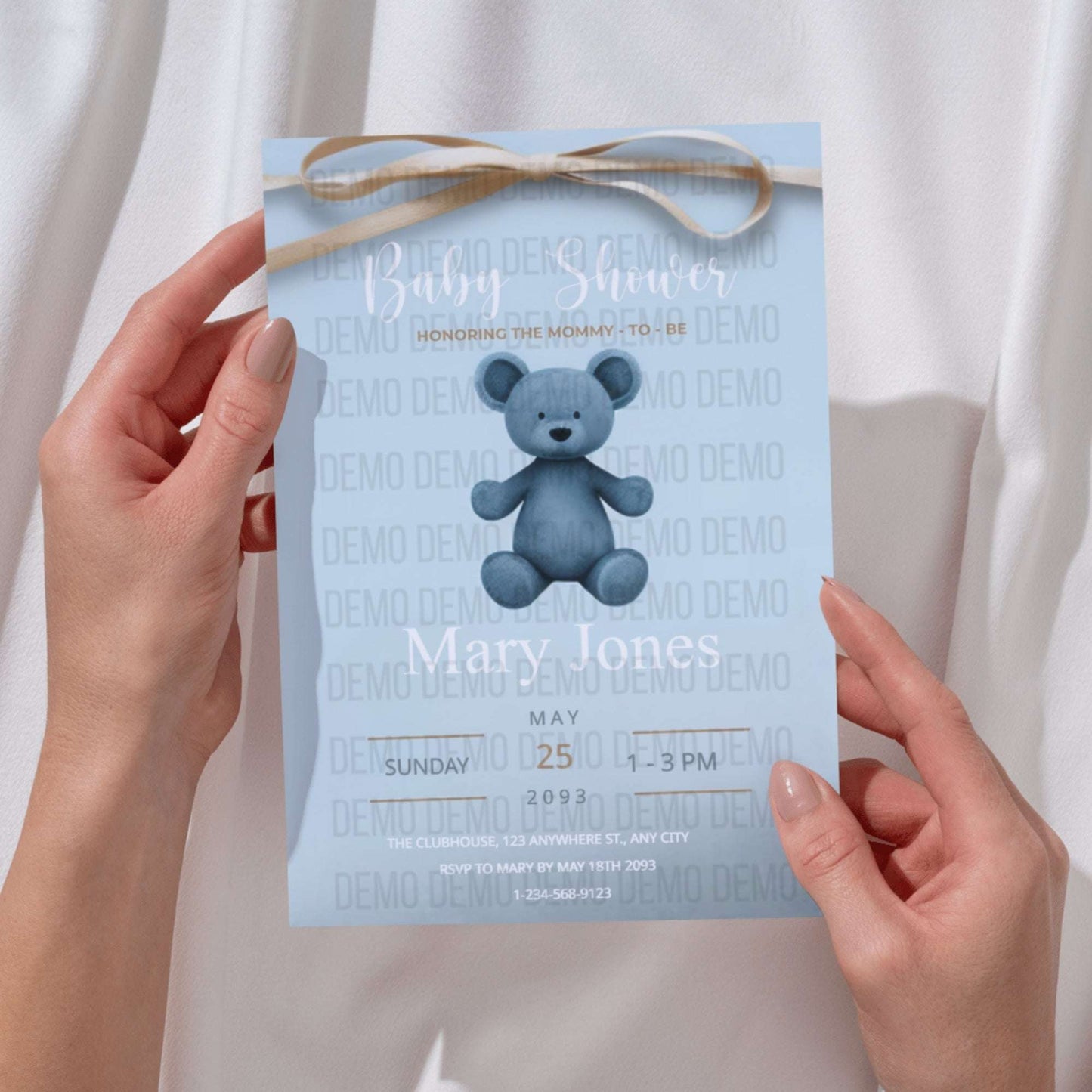 Blue Teddy Bear Baby Shower Invitation – Personalized Editable Template