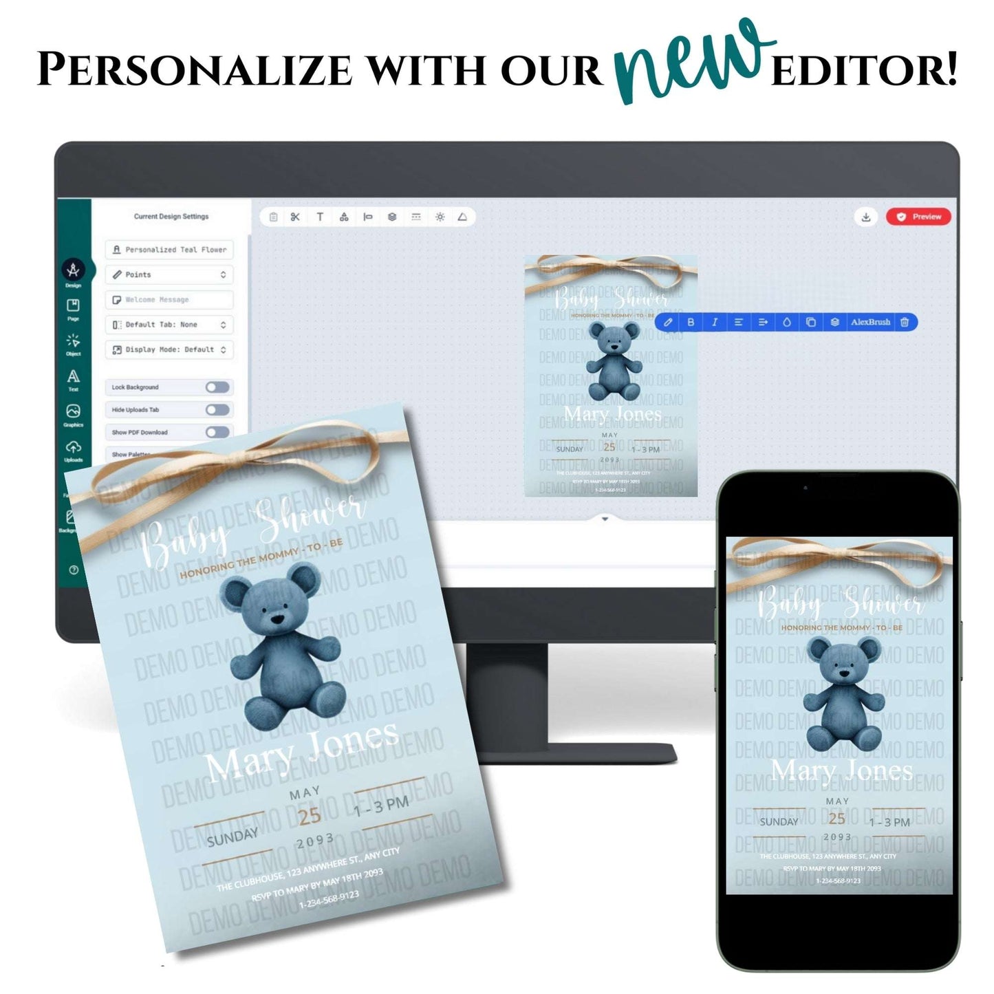 Blue Teddy Bear Baby Shower Invitation – Personalized Editable Template