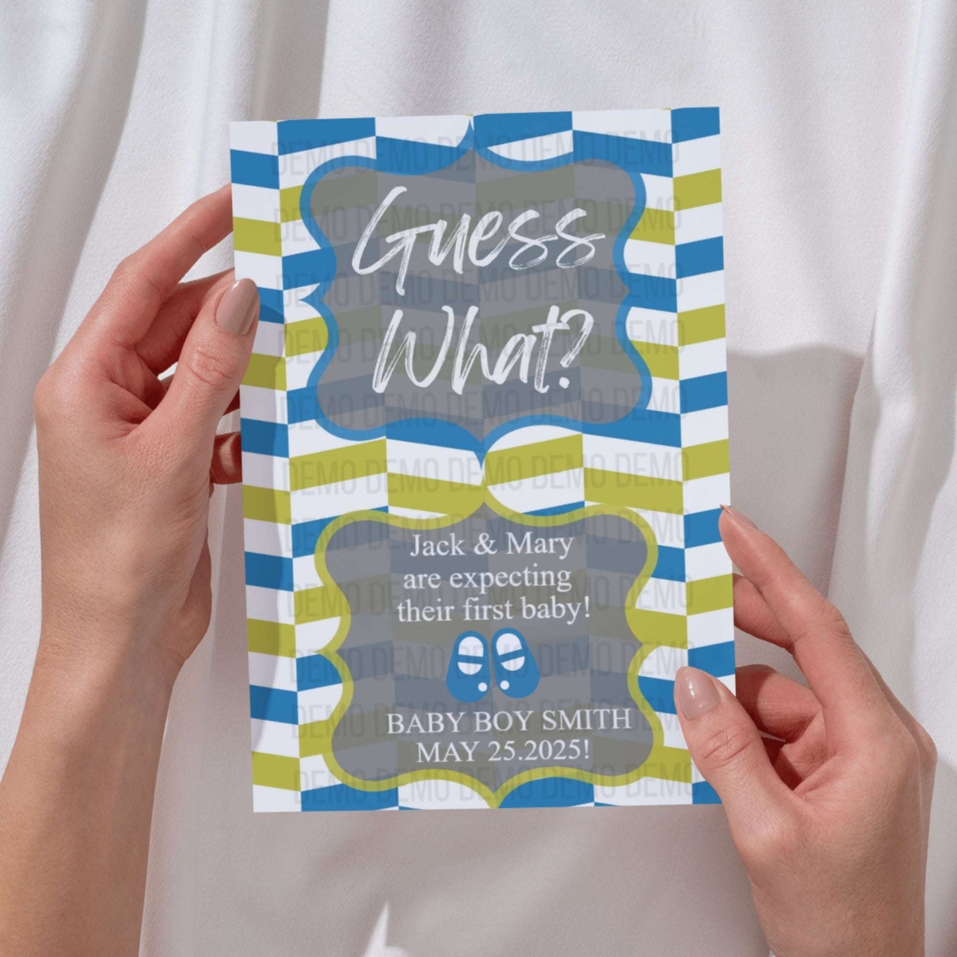 Blue and Green Chevron Baby Announcement – Personalized Printable Template