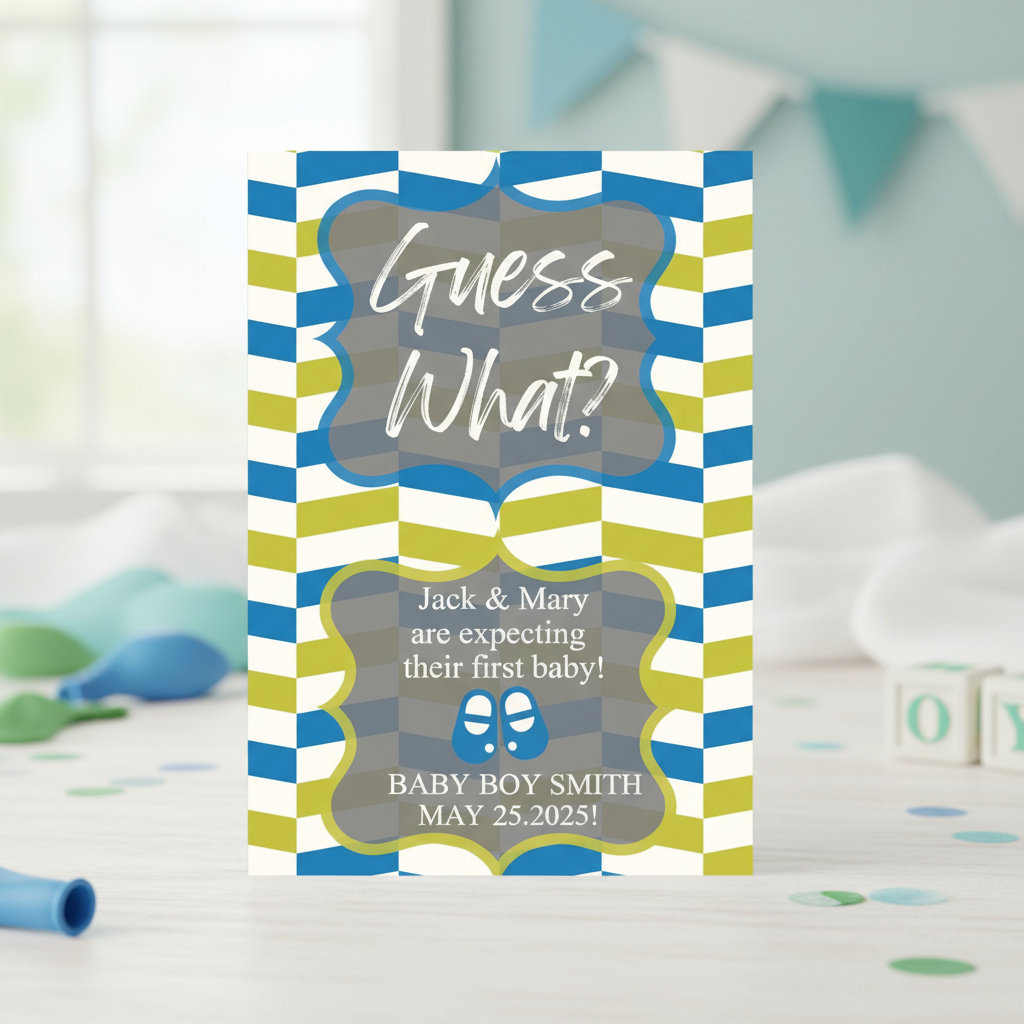 Baby shower invitation with blue and green stripes and text about a baby boy's arrival.