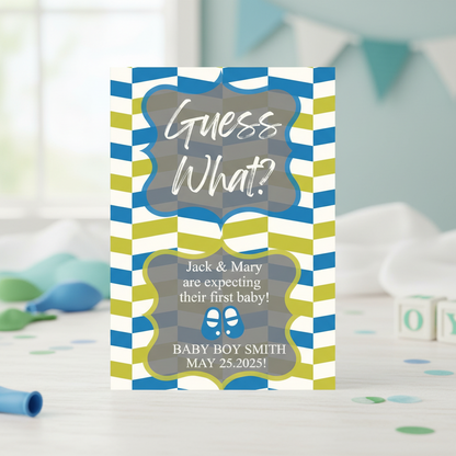 Baby shower invitation with blue and green stripes and text about a baby boy's arrival.