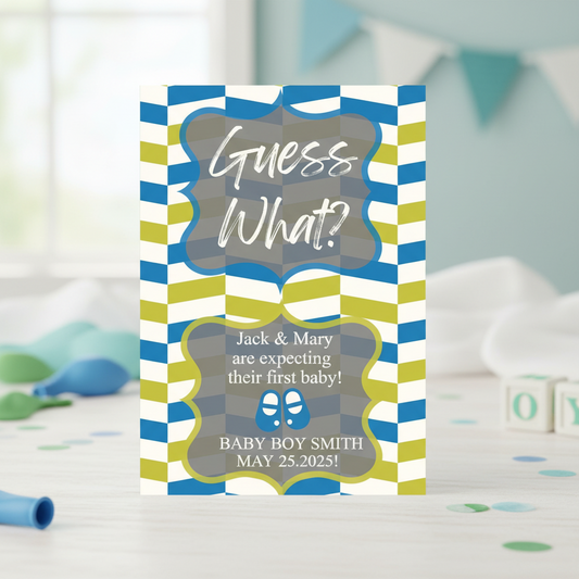 Baby shower invitation with blue and green stripes and text about a baby boy's arrival.