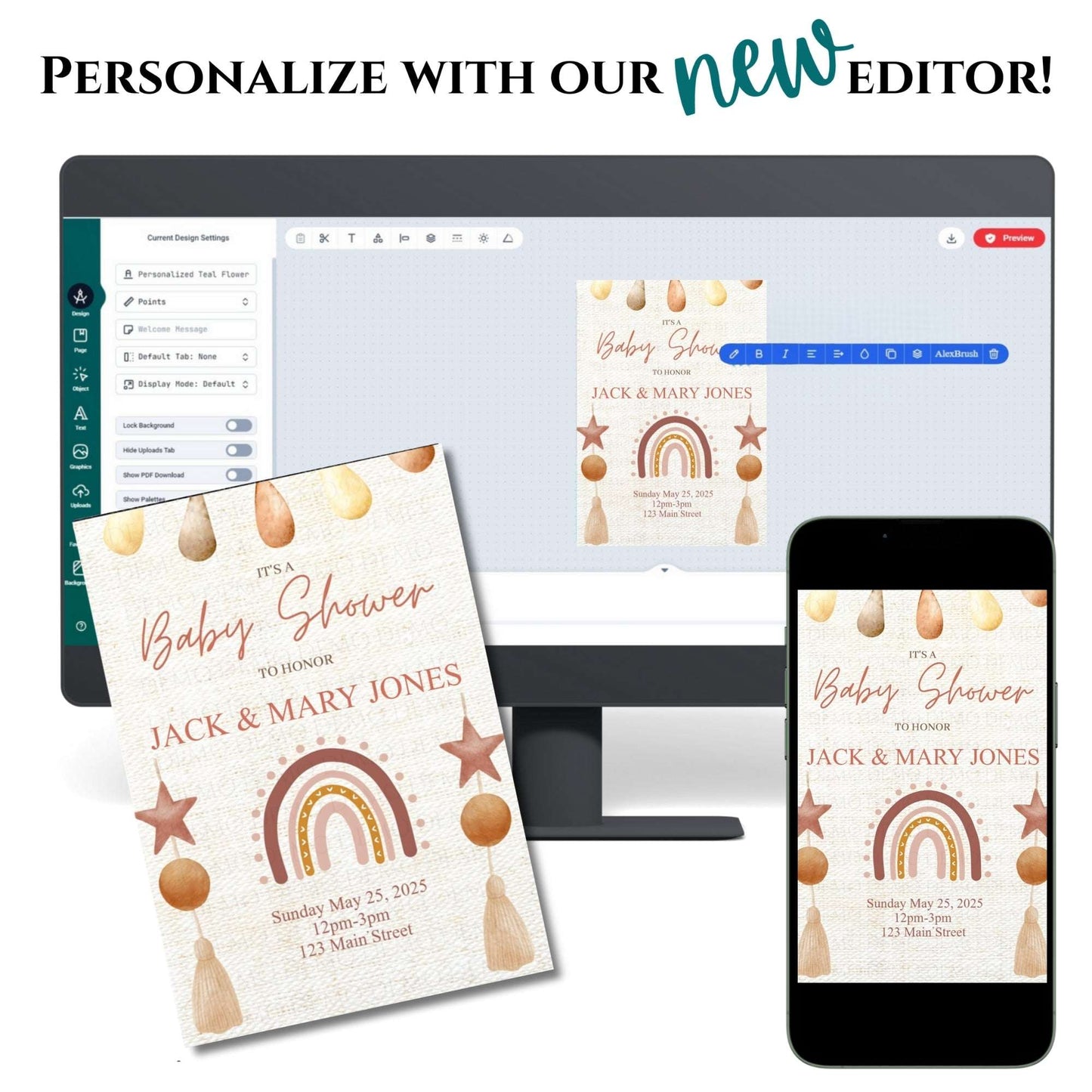 Baby shower invitation design on a computer screen, phone, and paper with text 'Personalize with our new editor'.