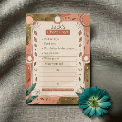 Chore chart for a child named Jack on a textured fabric background with a blue flower.