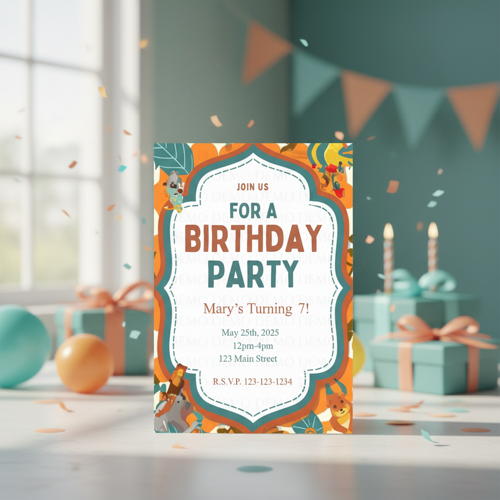 Birthday party invitation card with colorful design on a table with party decorations.
