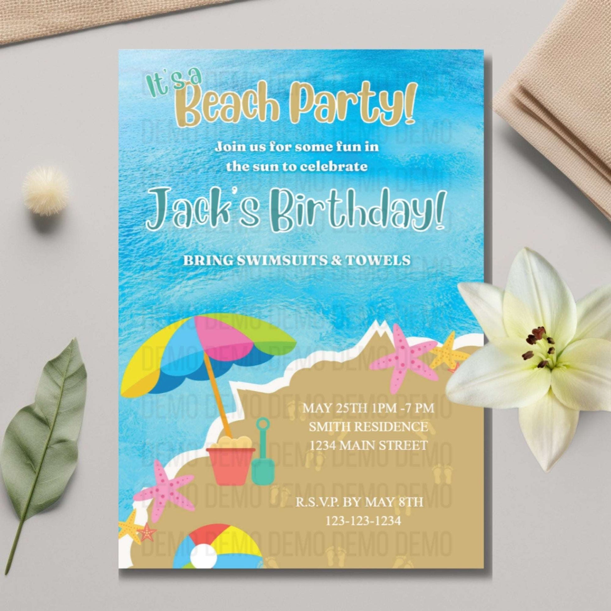 Beach party invitation with sandcastle, umbrella, and starfish design on a blue background.