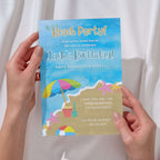 Hand holding a birthday party invitation with beach theme