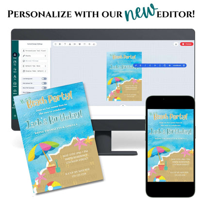 Beach party invitation on a computer screen and smartphone with text 'Personalize with our new editor'.