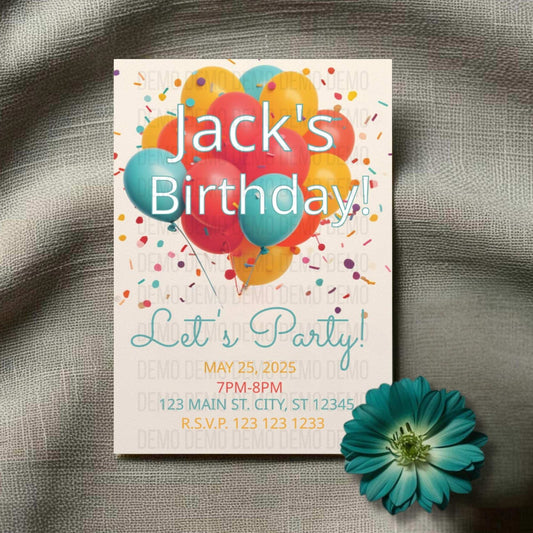 Birthday party invitation with colorful balloons and a flower on a textured surface