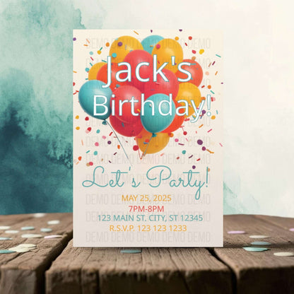 Birthday party invitation with colorful balloons and confetti on a wooden surface with a watercolor background.