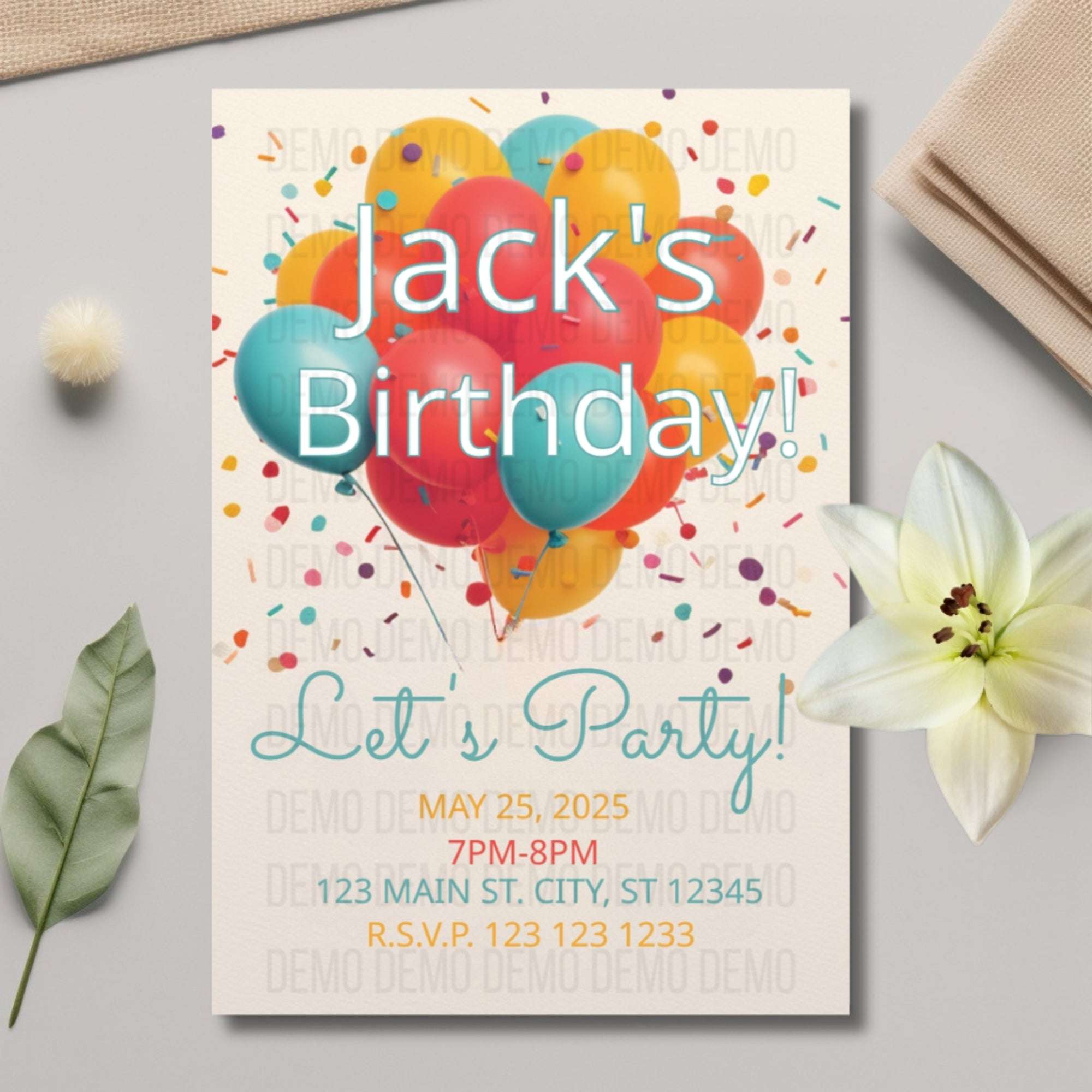 Birthday party invitation with colorful balloons and text on a light background