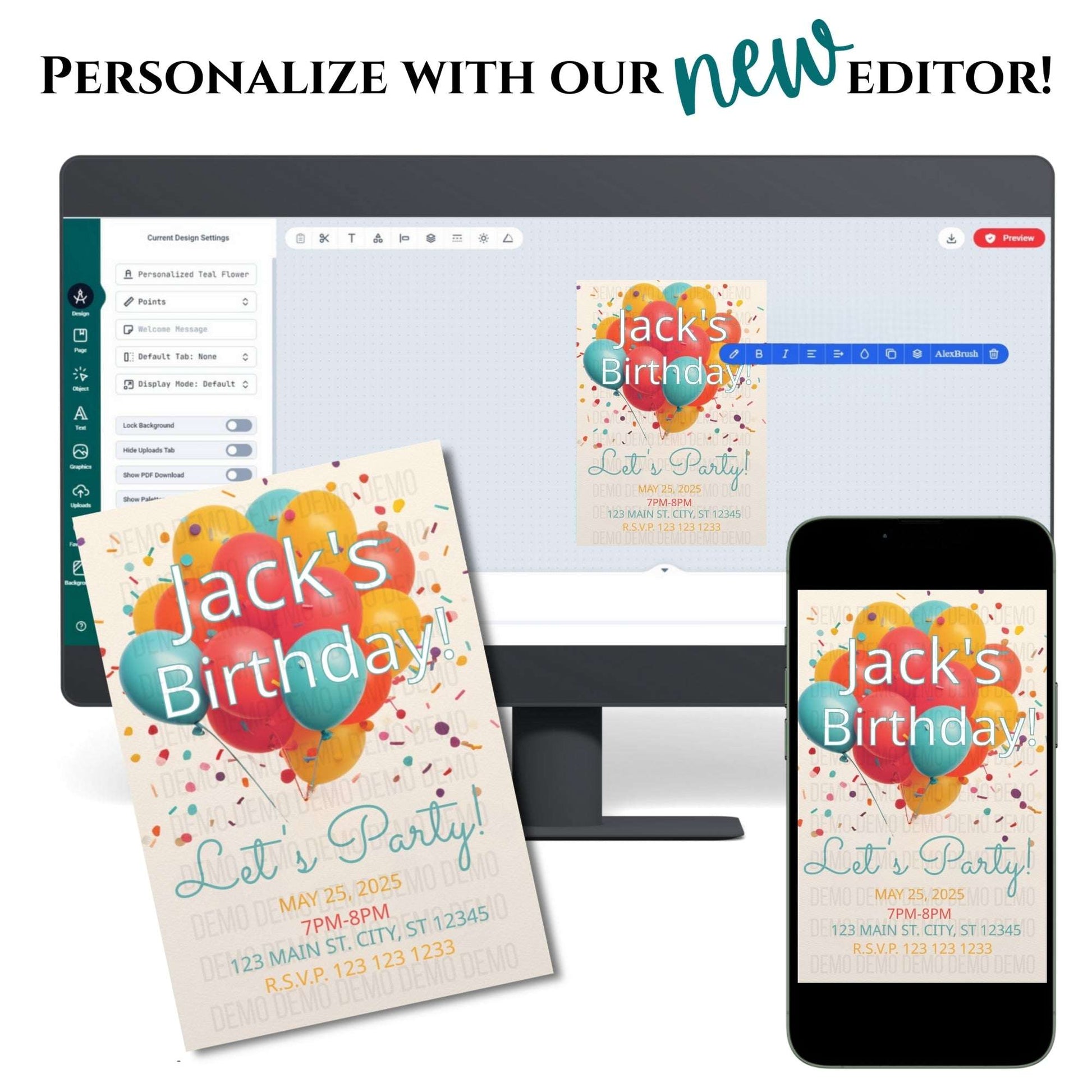 Digital invitation editor with a birthday invitation displayed on a computer, phone, and paper.
