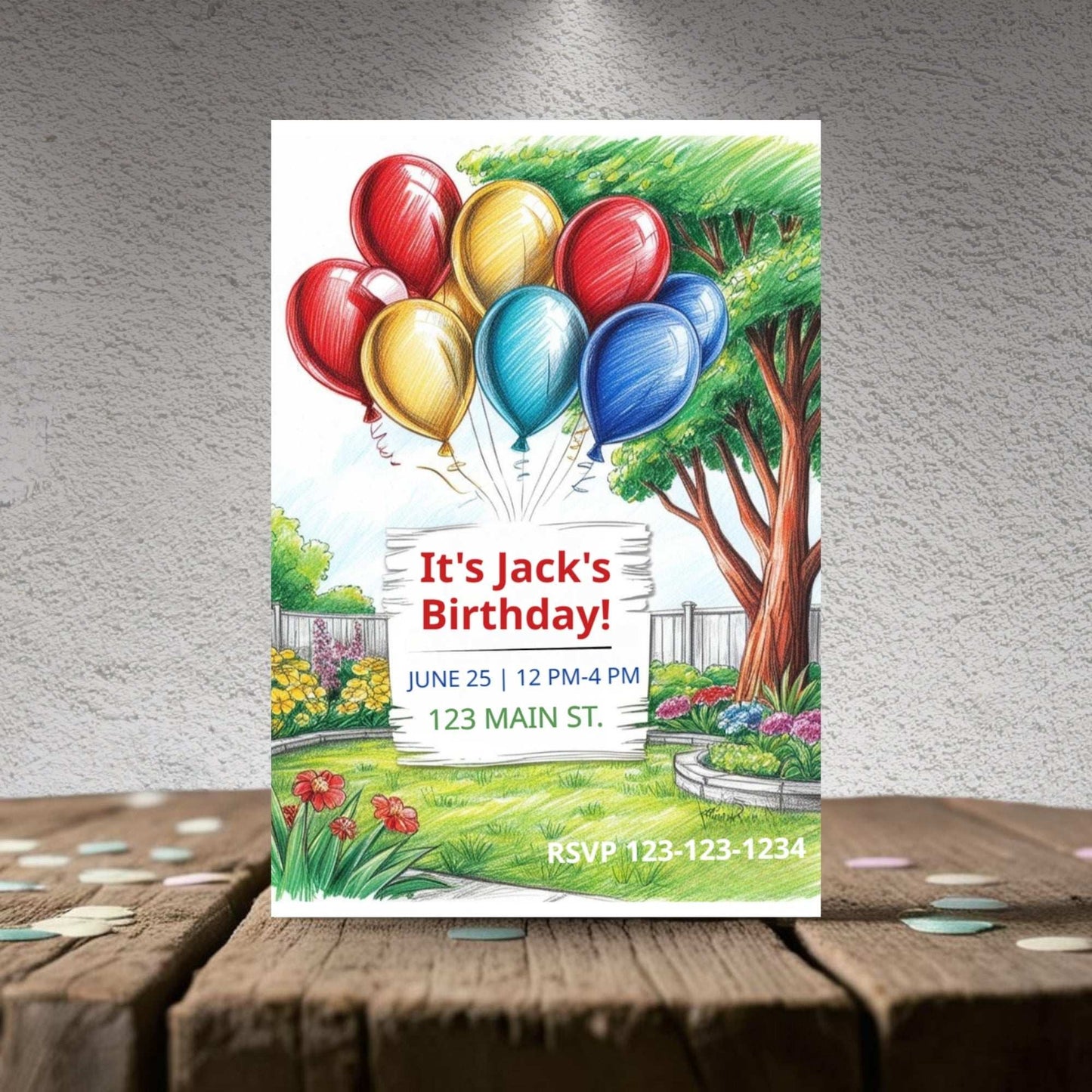 Birthday invitation card with colorful balloons and garden scene on a wooden surface.