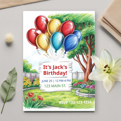 Birthday invitation card with colorful balloons and garden scene on a gray surface.