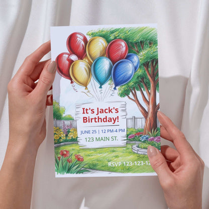 Birthday invitation card with colorful balloons held by hands against a white background