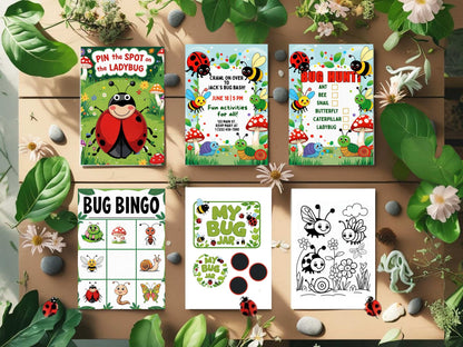 Collection of children's educational games and activities on a wooden surface with plants around.
