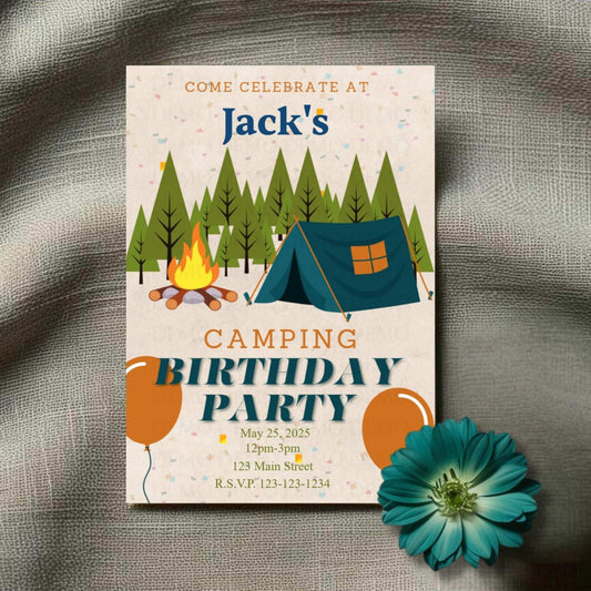 Birthday party invitation with camping theme on a textured surface with a flower.