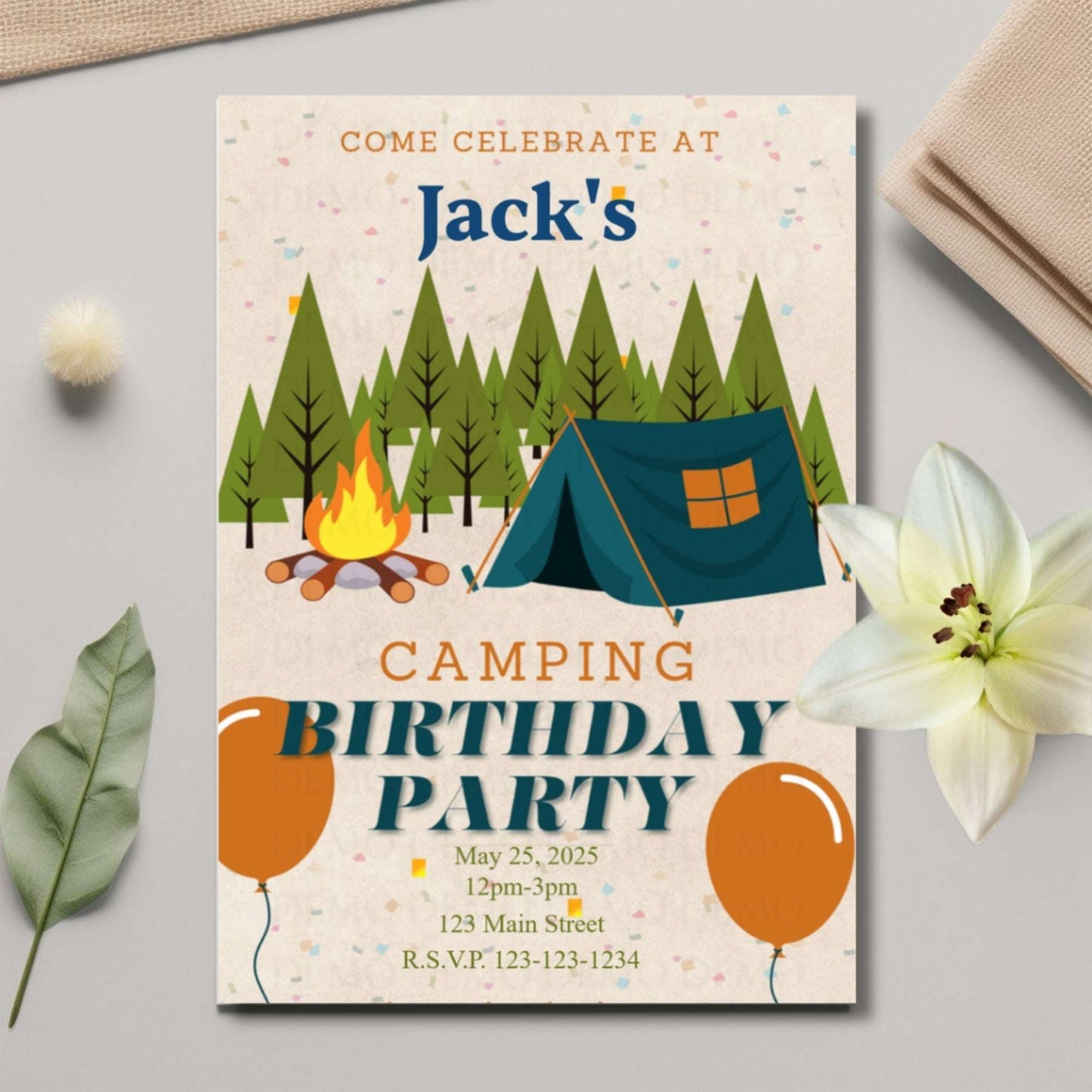Camping-themed birthday party invitation with trees, tent, and campfire on a light gray background.