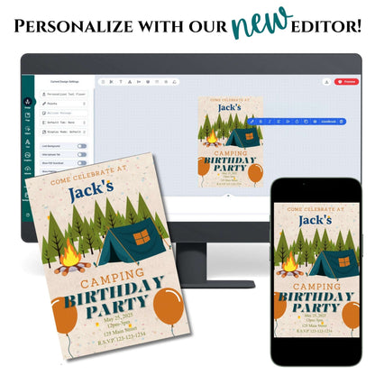 Camping-themed birthday party invitation displayed on a computer screen, phone, and paper.